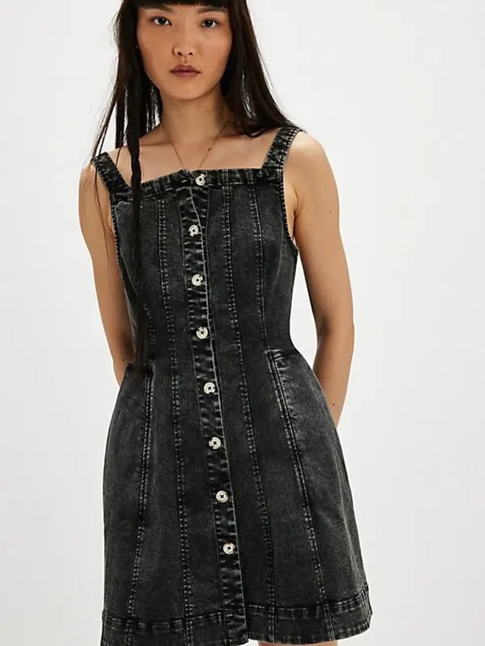 Free People Gimme More Denim Button-Front Mini Dress in‎ Gray Skies Black NWT LG